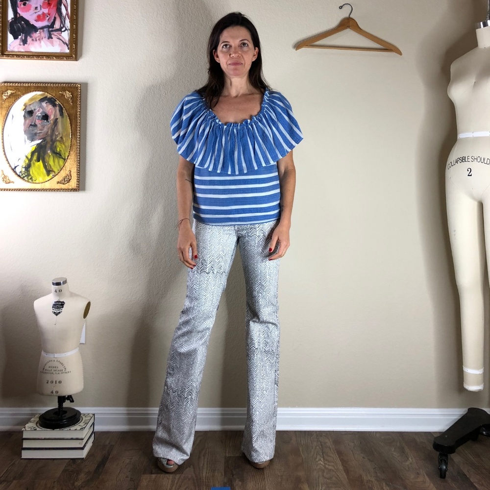 Anthro WHIT Ruffle Bust Striped Tiered Layered Peasant Top